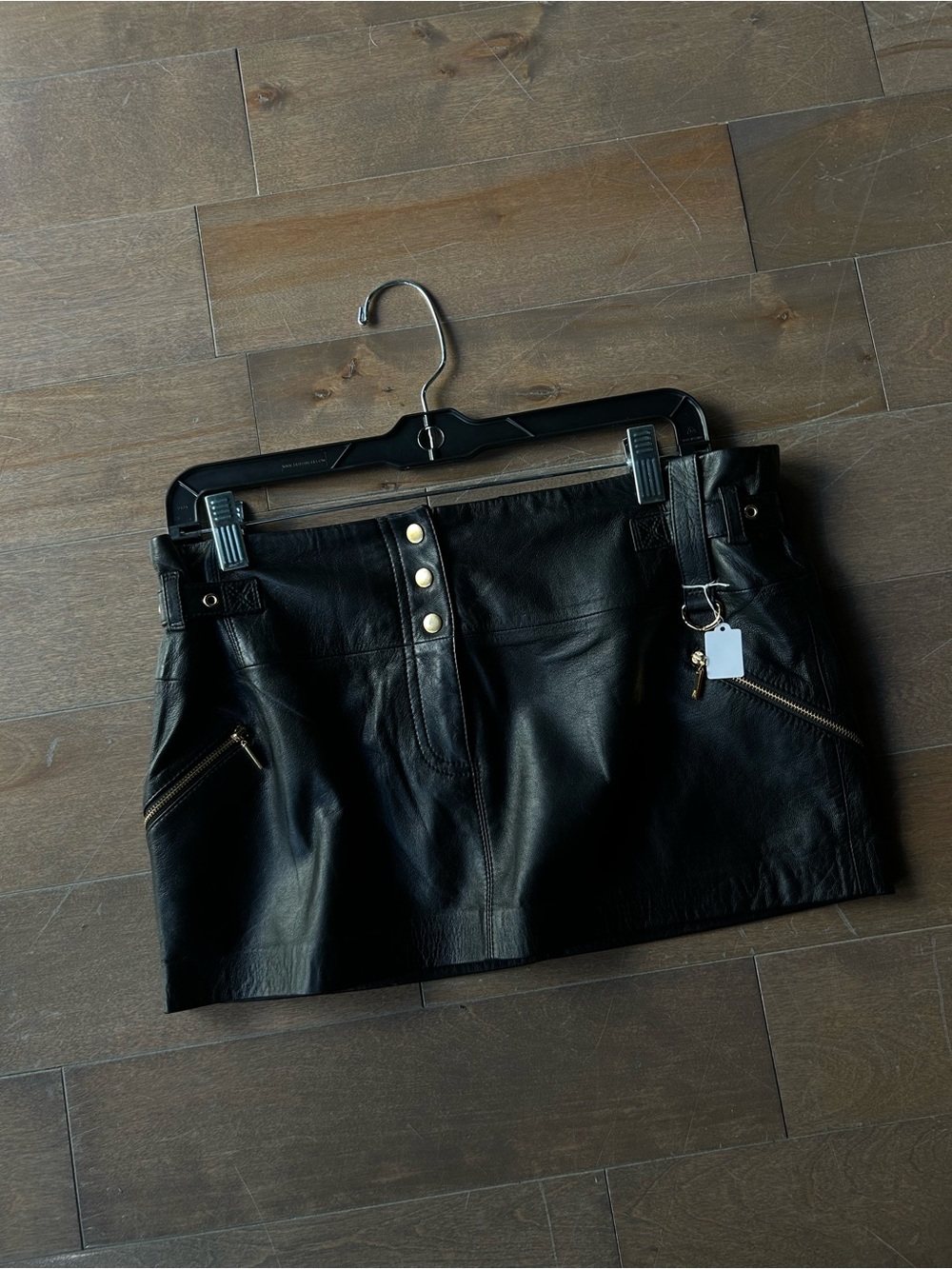 Black marciano Leather Mini Skirt with Zip Pockets